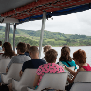 Boat docking at Río Chiquito during the La Fortuna to Monteverde lake crossing.