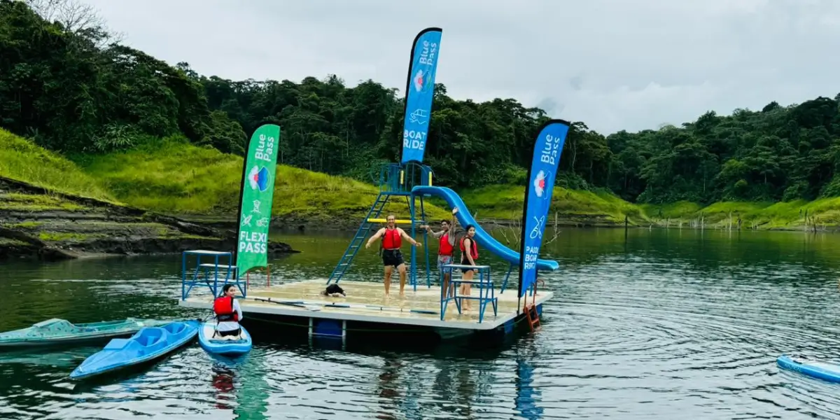 Banner Fun in Arenal Lake for Kids Tourists at the the floating platform by Blue Pass at Arenal Lake.